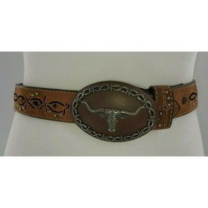 Womens Brown Leather Barbed Wire & Steer Cowgirl Belt Size 28 Western Ranch